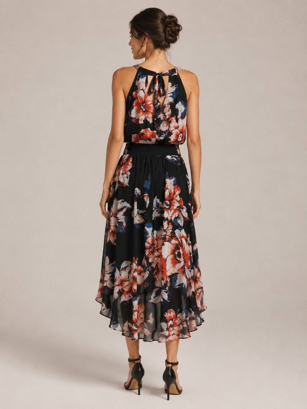 Womens Halter Sleeveless Black Floral High-Low Midi Dress Size 14 - Picture 3 of 8